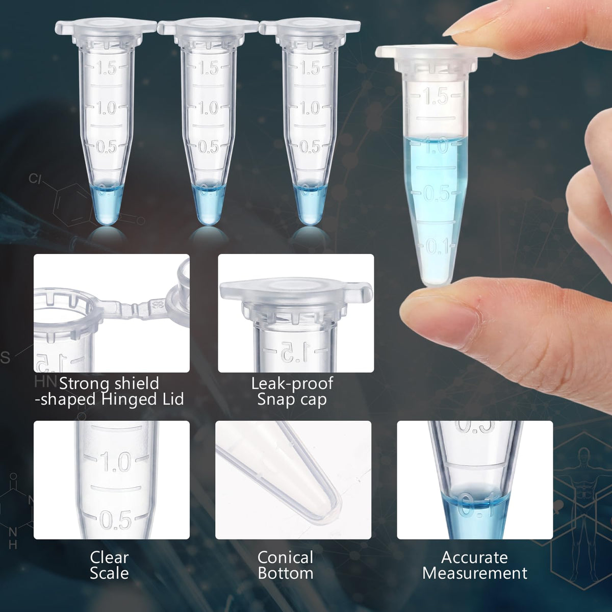 2000 Pcs 1.5ml Microcentrifuge Tubes with Safe Lock Snap Cap & Flip Lid Polypropylene Clear Plastic Tube with