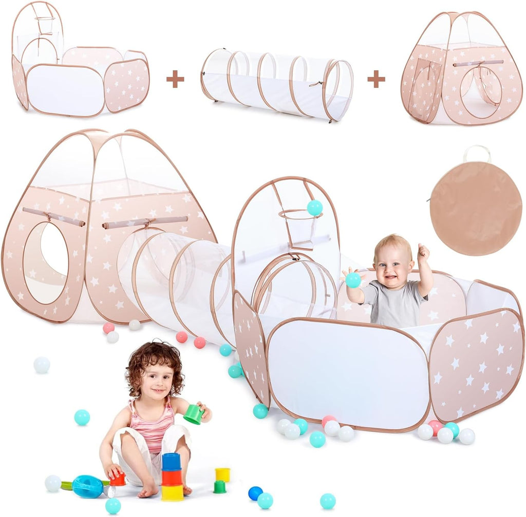 3 in 1 Kids Play Tent with Play Tunnel and Ball Pit, Toddler Clibing Toys for Boys & Girls, Pop Up Playhouse Toys for
