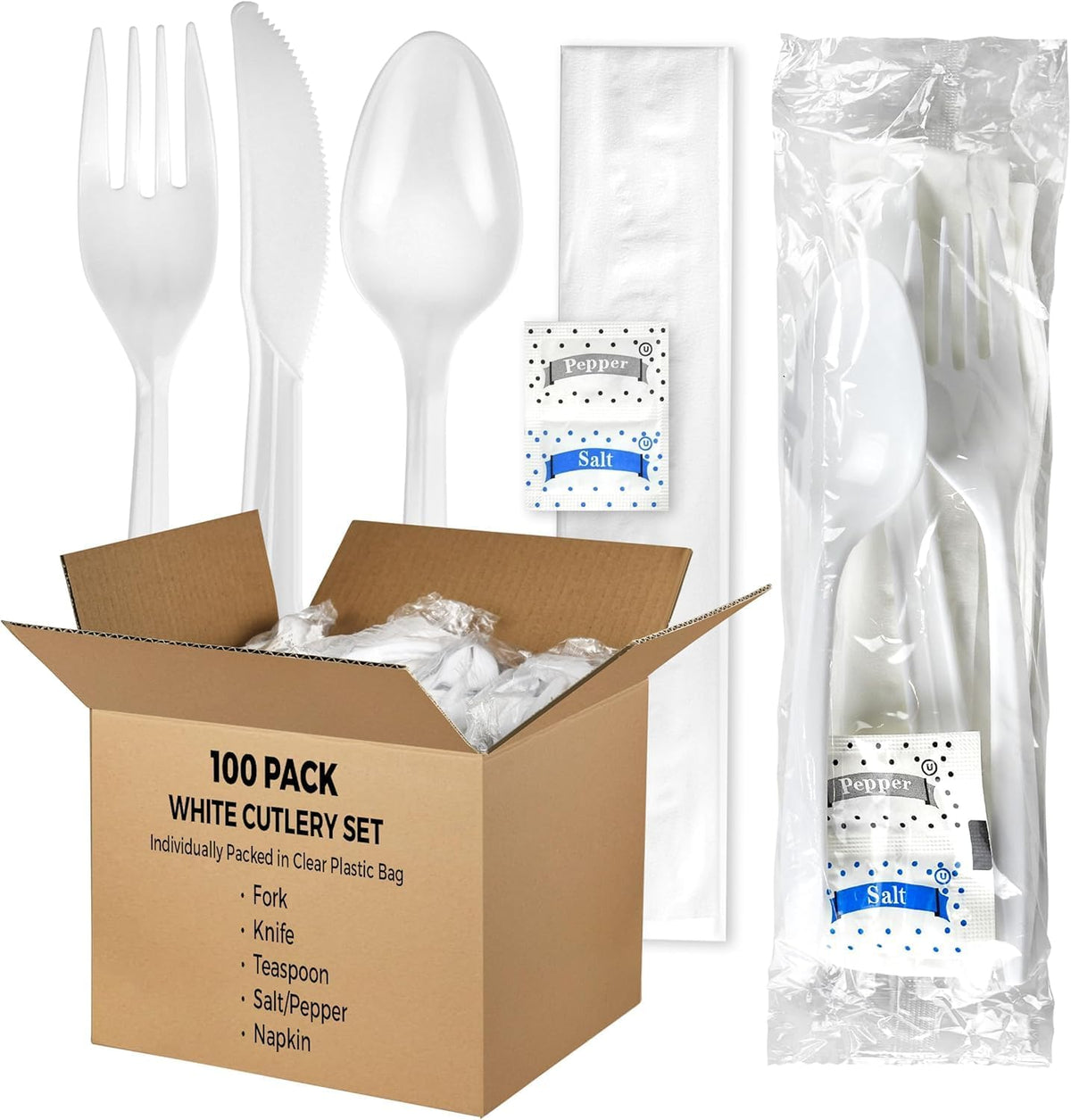 Pack Individually Wrapped Plastic Cutlery Set with Napkin, Salt and Pepper Packets Medium Weight Disposable