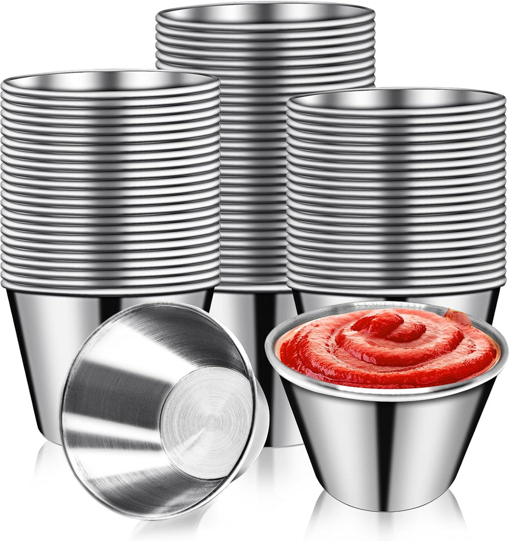 50 Pcs Metal Sauce Cups 2.5oz Ramekins, Stainless Steel Dipping Sauce Cups Metal Condiment Container Reusable Round