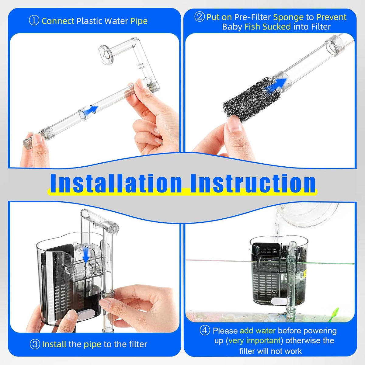 Aquarium Hang on HOB Power Filter 5 Gallon Rimless Small Fish Tank Filter 90GPH (up to 5Gal)