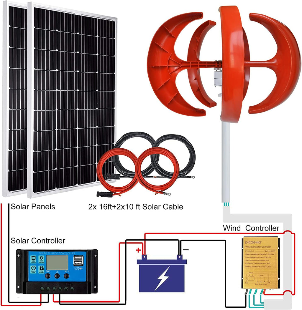 Wind Turbine Vertical Axis Generator 200W12V + 2 PCS 100W 12V Monocrystalline Solar Panel Kits Suit for RV Marine