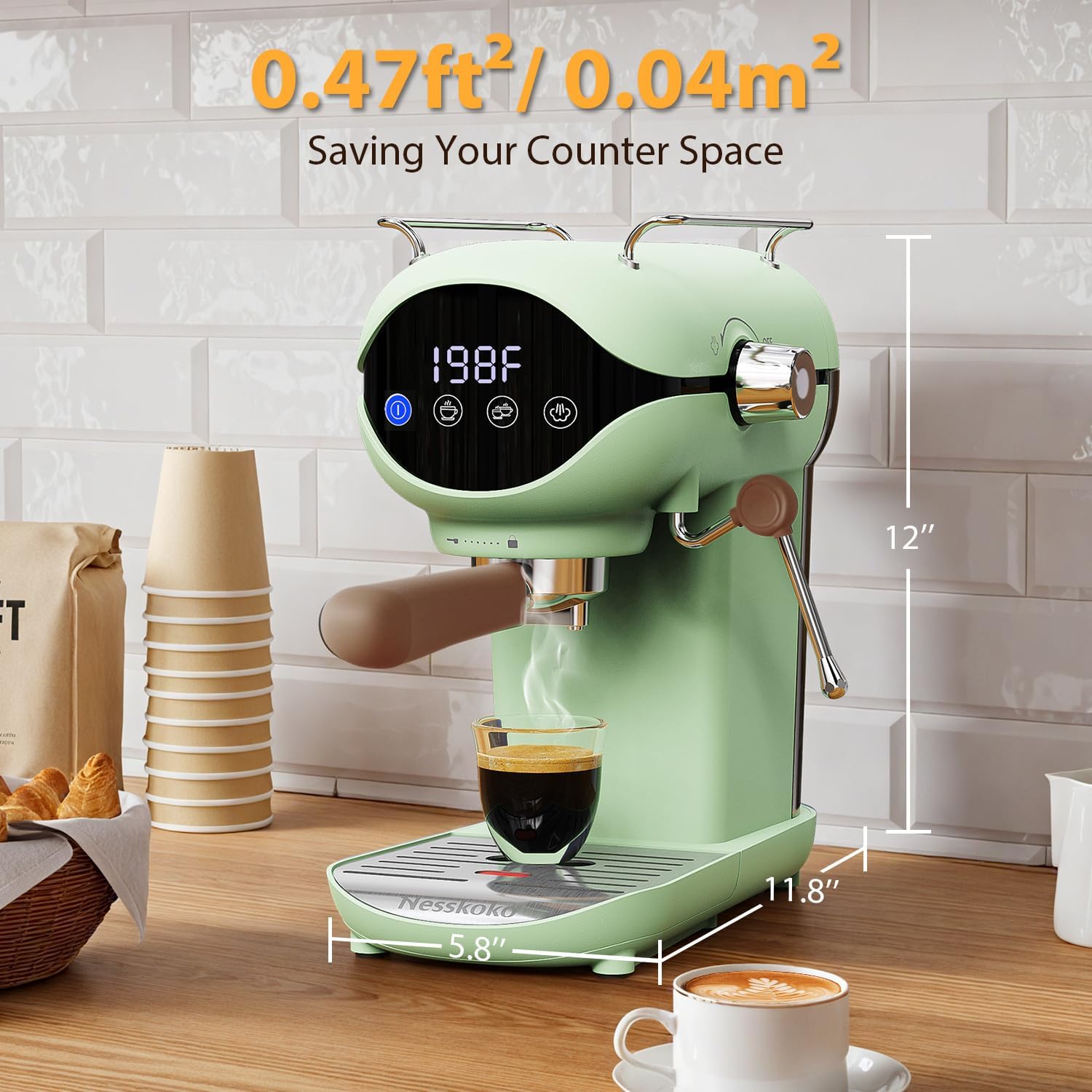 Espresso Machine with Steam Milk Frother Semi Automatic 20 Bar Compact Green with Touch Screen for home Cafetera