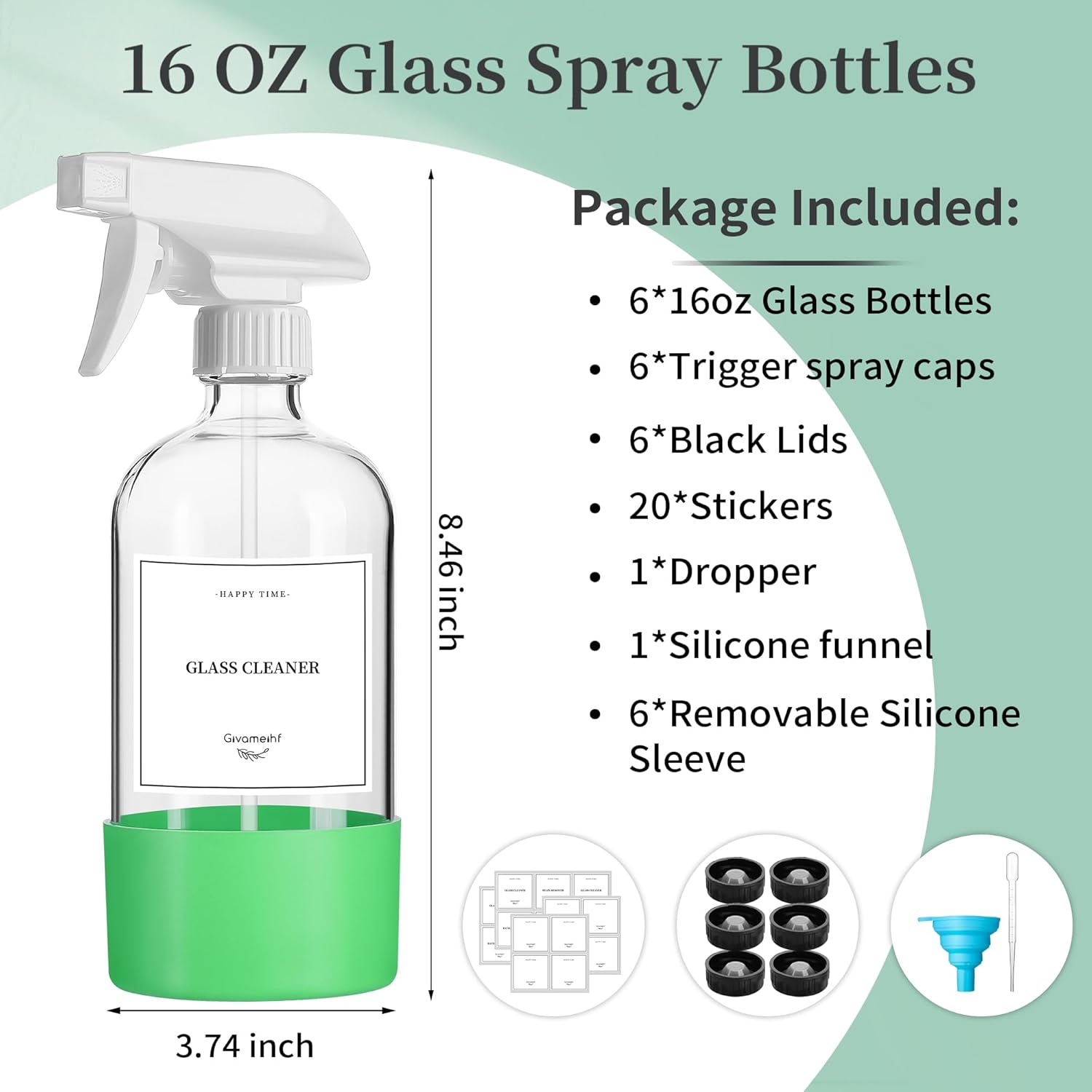 16oz Clear Glass Spray Bottles,6 Pack Glass Spray Bottles Refillable Empty Bottle with Adjustable Nozzle,Spray Bottle