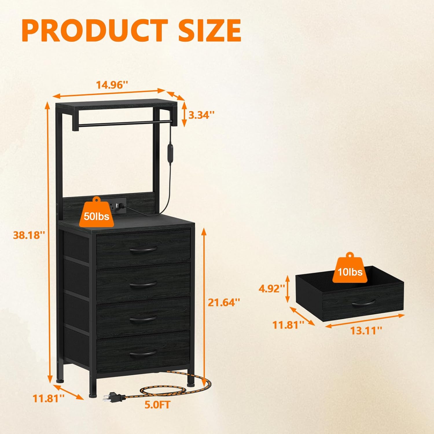Tall Nightstand with Charging Station, Bed Side Table & End Table | 4 Fabric Drawers and Storage Wood Shelves, Dorm