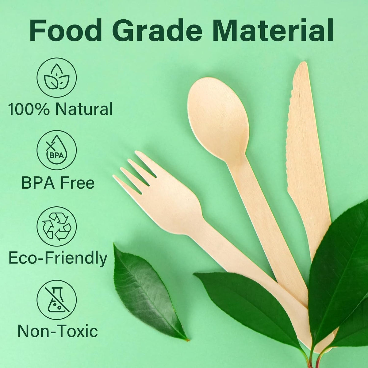 Disposable Cutlery Set, 200Pcs Wooden Compostable Utensils (100 Forks, 50 Spoons, 50 Knives) Eco-Friendly Forks And
