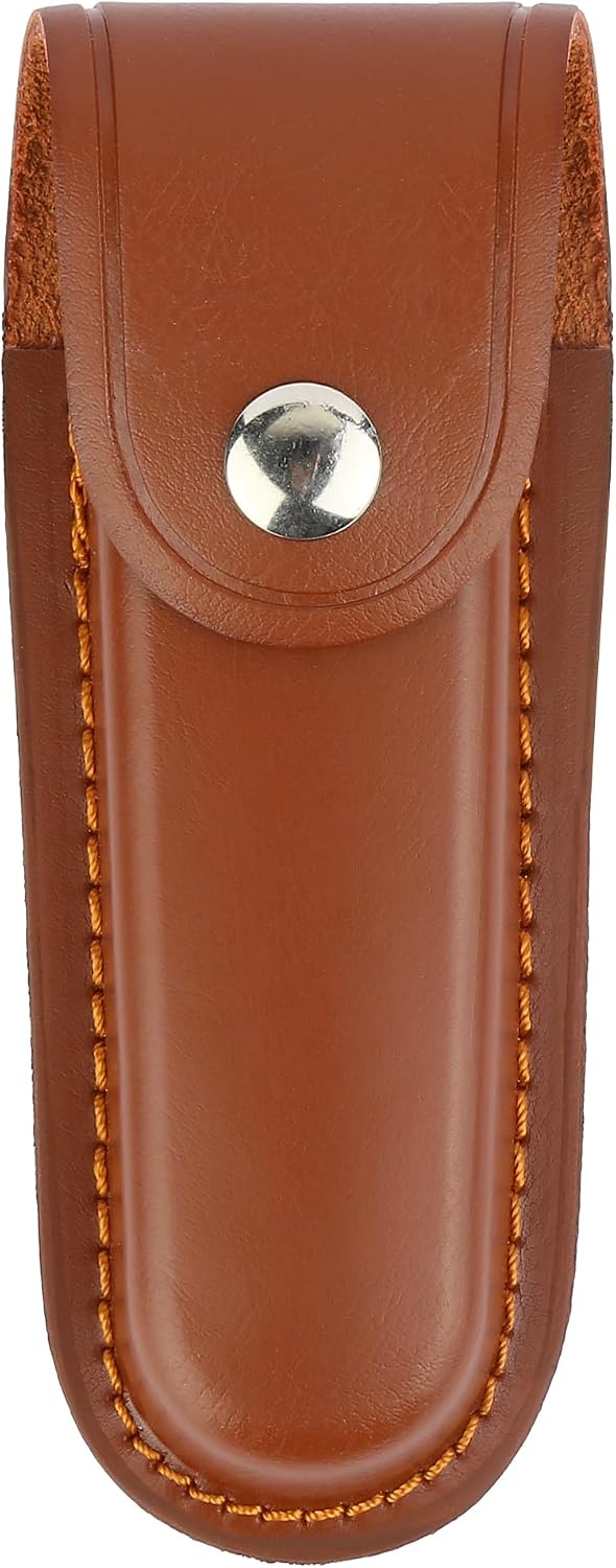 Leather Pocket Knife Sheath for 5-Inch Folding Knives | Brown durable multitool holster with snap closure and belt