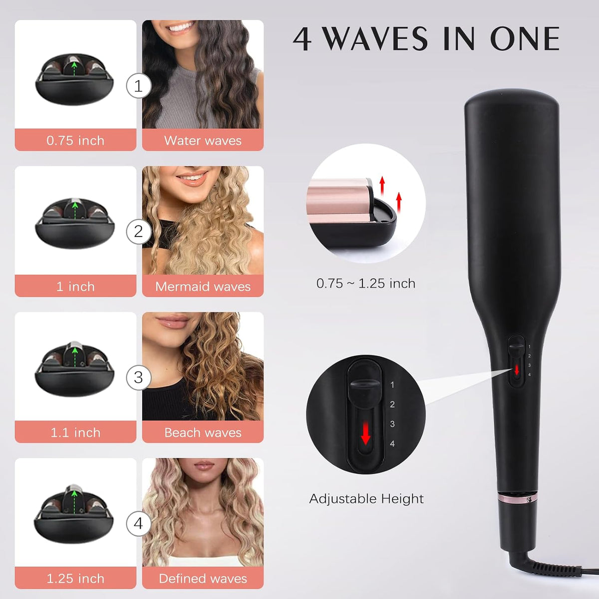 4 in 1 Crimper Hair Tool - Adjustable Hair Waver for 4 Wavy Styles | Beach Waves Curling Iron with 3 Ceramic Barrels