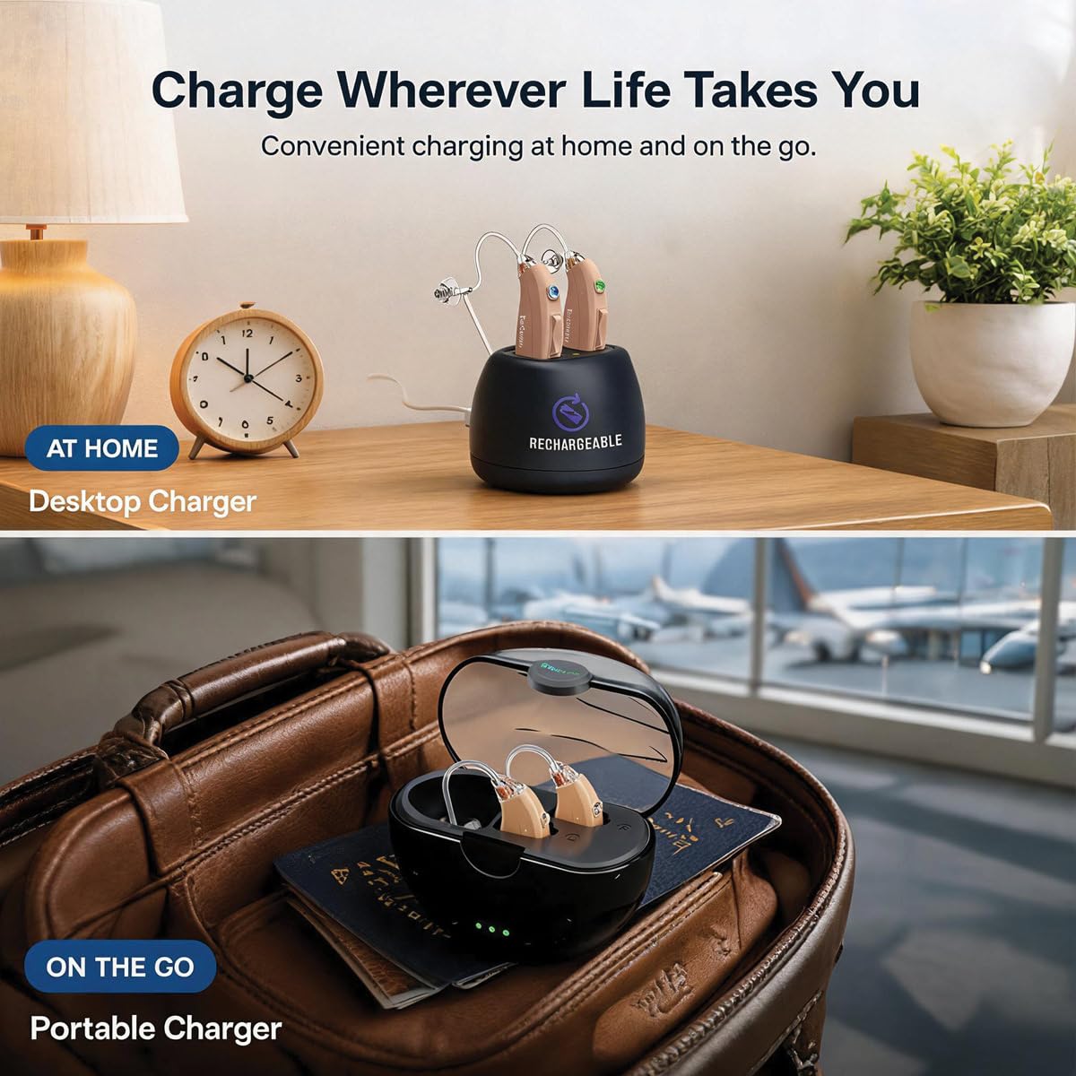 EarCentric EasyCharge Rechargeable Hearing Aids for Seniors and Adults, Pair with Desktop Charger and Portable