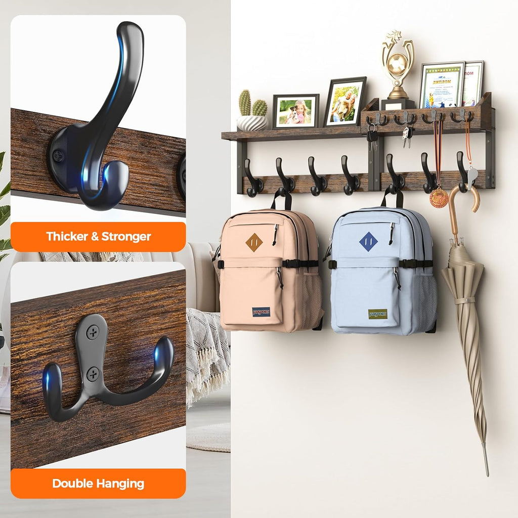 29" Coat Rack Wall Mount with Shelf, 4 in 1 Coat and Key Hanger with 11 Metal Hooks, Entryway Wall Mounted Shelf with