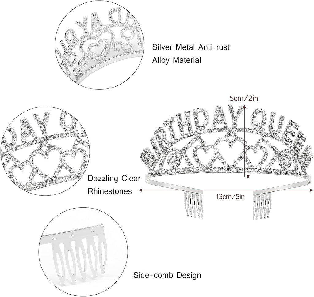 Crowns for Women,CIEHER Birthday Queen Sash & Rhinestone Tiara Kit,Tiaras and Crowns for Women,Silver Queen