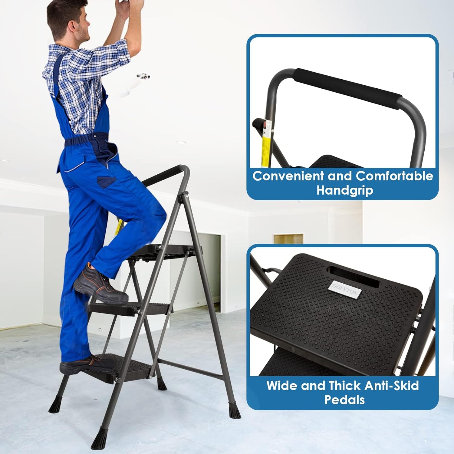 3 Step Ladder, GOLYTON Folding Step Stool with Anti-Slip Wide Pedal & Convenient Handgrip, 500lbs Capacity Steel