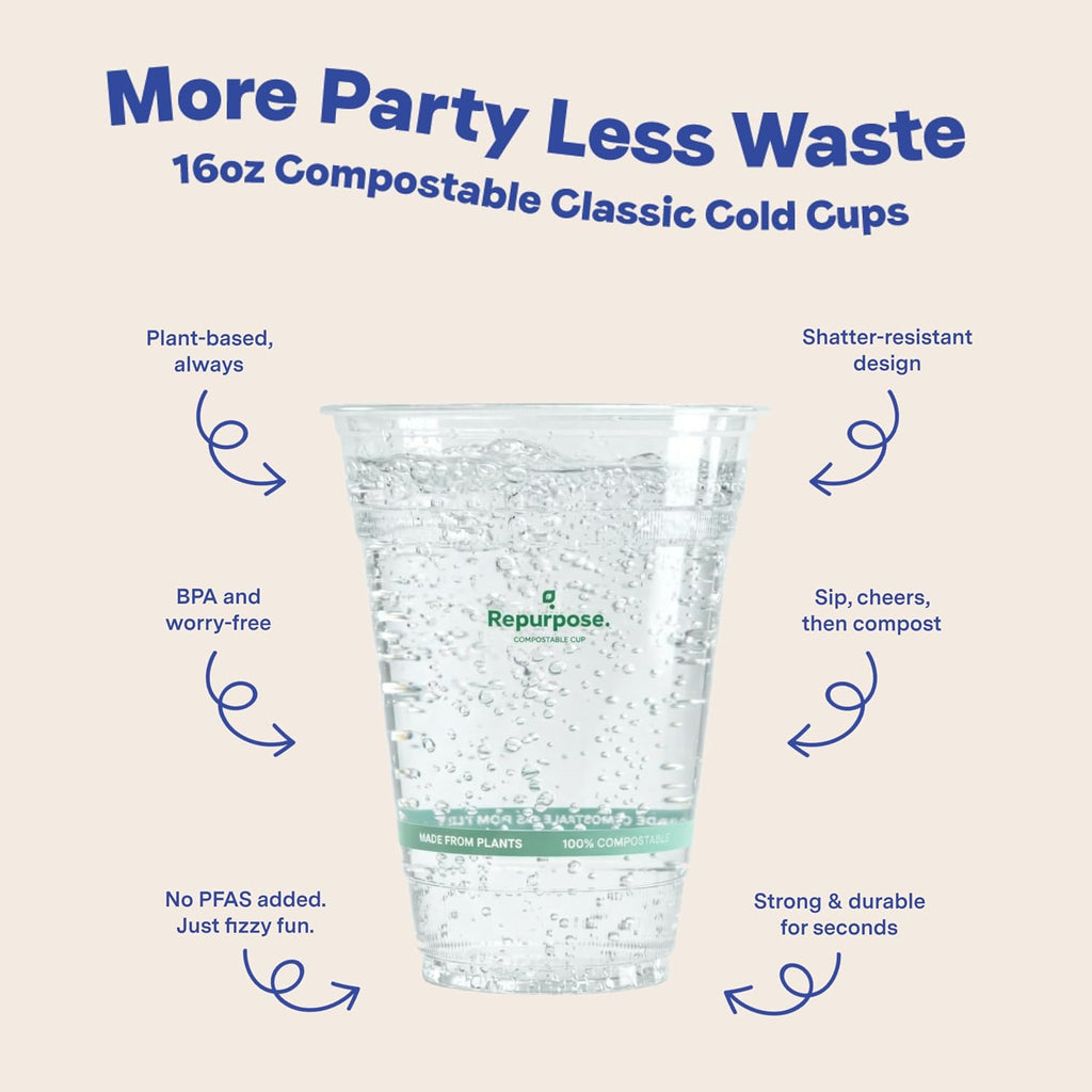 Repurpose 100% Compostable Plant-Based Clear Cold Cups, 16oz, 50ct