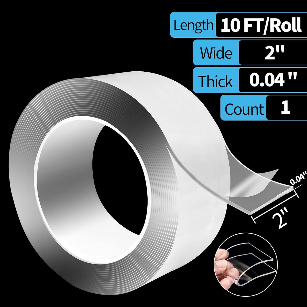 Traceless Nano Double-Sided Tape, 1/24 Inch x 2 Inch x 10 ft, Crystal