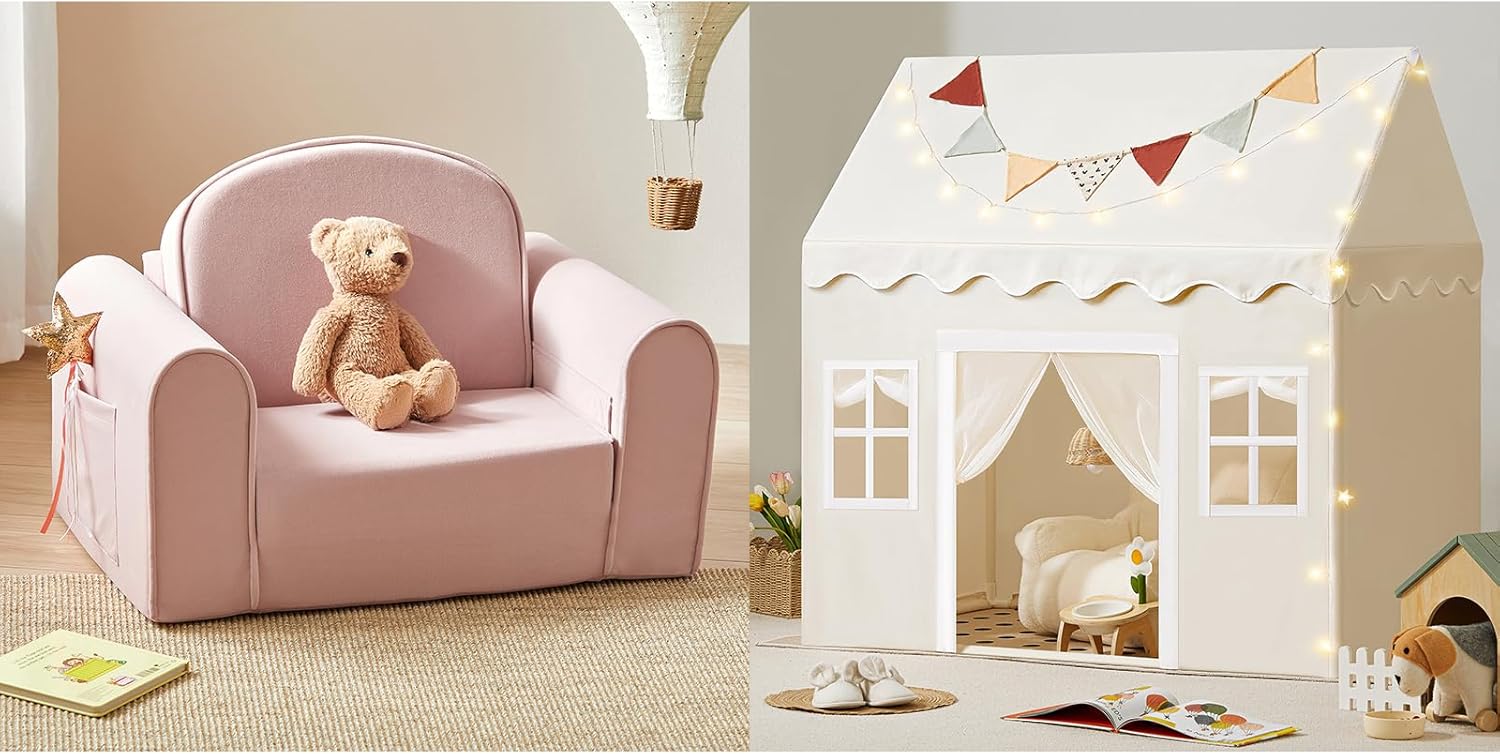 Play Tent with Padded Mat & LED Lights, 2-in-1 Foldable Kids Couch with Pockets