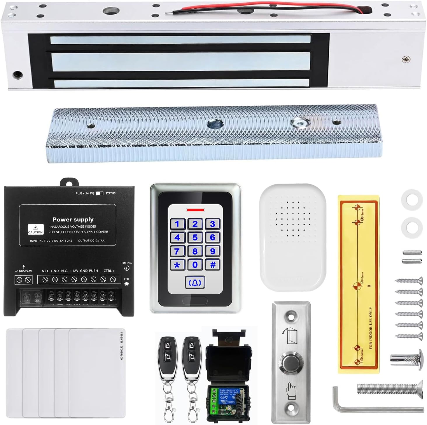 Access Control System 600lb Electric Magnetic Door Lock Kit: RFID Keypad, Remotes, Exit Button, Close to Entry Keypad