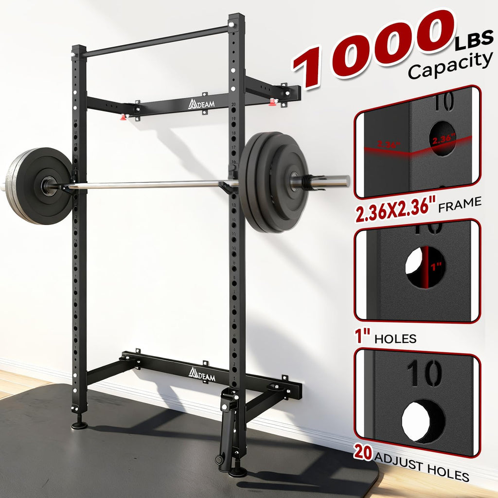 Folding Squat Rack,2.36"x2.36" Wall Mounted Power Rack for Home Gym | Foldable Space-Saving,Heavy-Duty 1000LBS