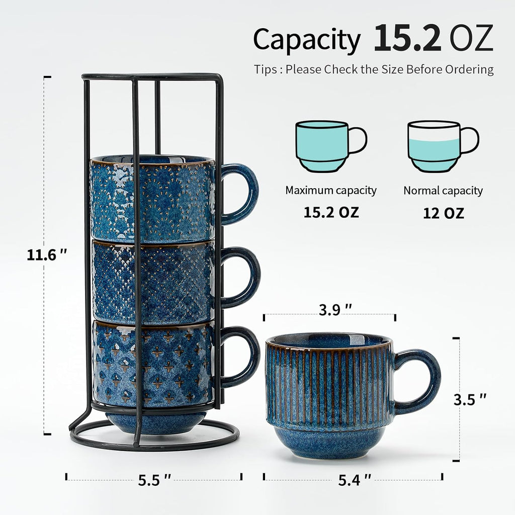 Large Ceramic Coffee Mug Set of 4 with Stand, 15 Oz Stackable Different Embossment Ribbed Latte Cup Set for