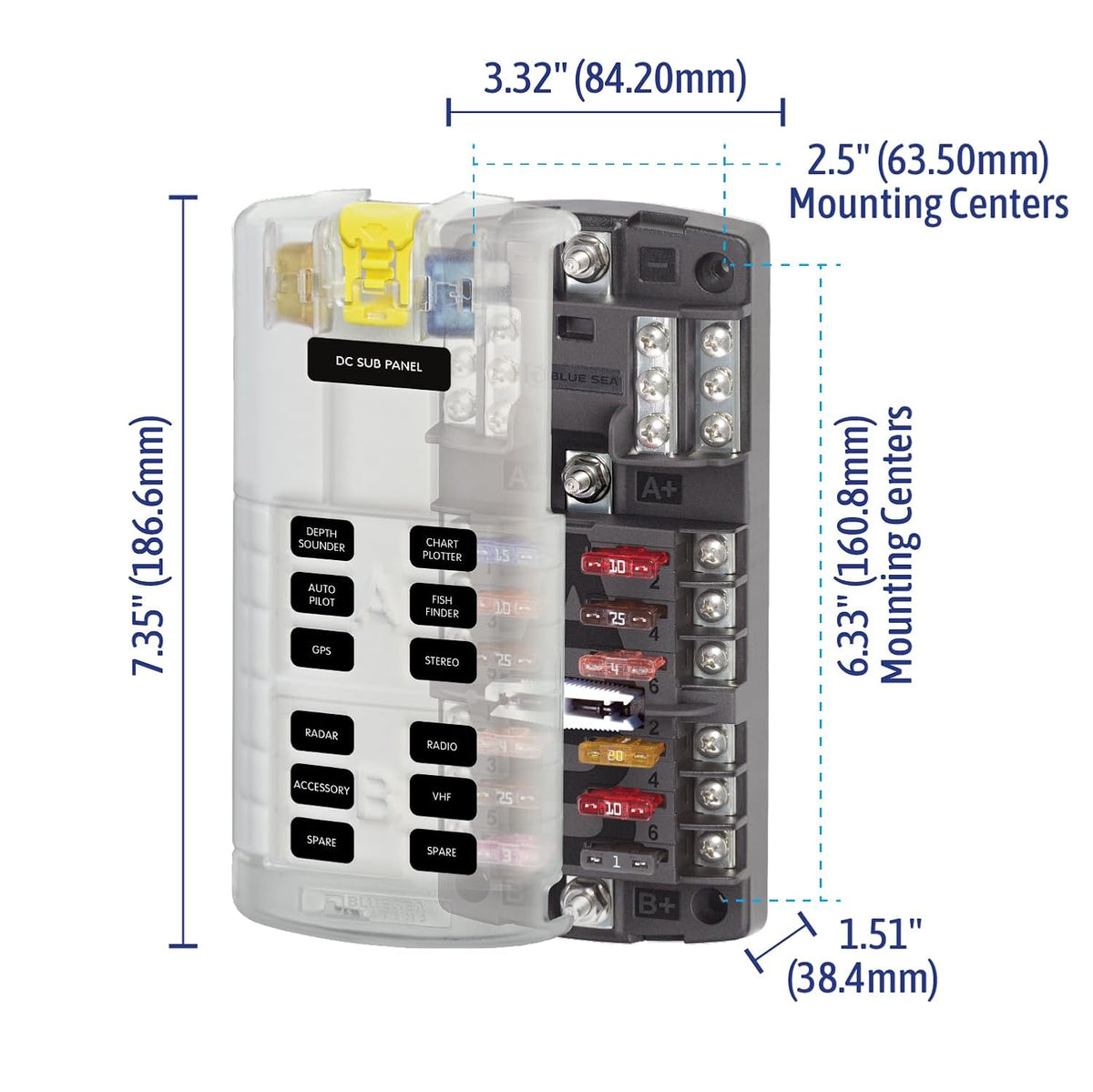 Blue Sea Systems ST Blade Split Bus Fuse Block, 12 Circuits with Cover