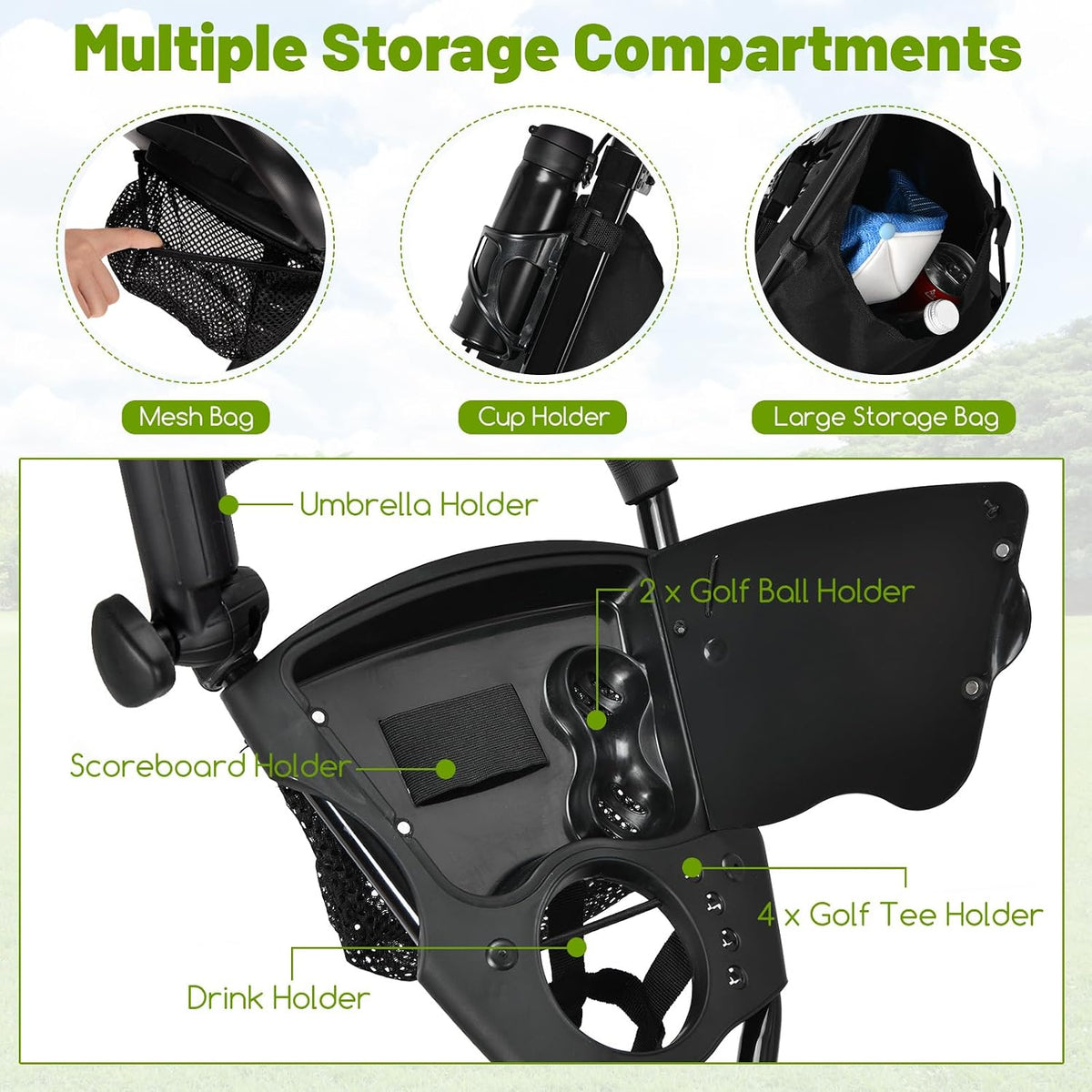 3 Wheel Golf Push Cart, Lightweight Foldable Caddy Cart w/Adjustable Seat, Handle, Umbrella Holder, Foot Brake, Golf