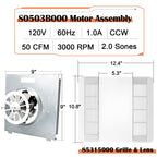 763RL B Unit 50CFM Fan, S0503B000 Fan Motor Assembly & 85315000 Ventilation Fan Grille Lens for Broan Nutone 763RL, 763RLN B Unit Bathroom Exhaust Fan Cover Replacement Parts, 2.0 Sones, Quieter Motor
