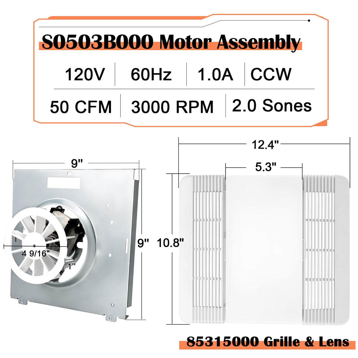 763RL B Unit 50CFM Fan, S0503B000 Fan Motor Assembly & 85315000 Ventilation Fan Grille Lens for Broan Nutone 763RL, 763RLN B Unit Bathroom Exhaust Fan Cover Replacement Parts, 2.0 Sones, Quieter Motor