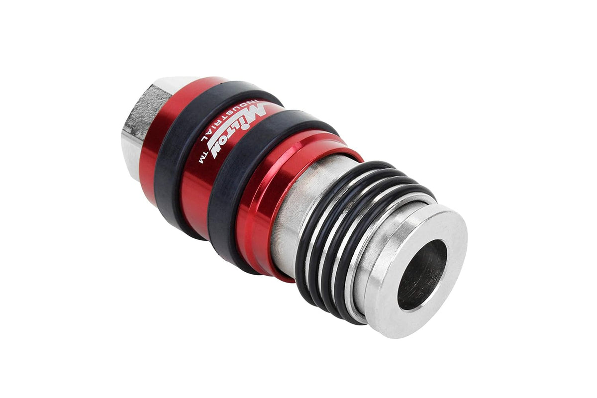 Milton 2 In ONE Universal Safety Exhaust Coupler – 3/8" FNPT x 3/8" Body Flow, Safely Bleeds Excess Air and Disengages Fittings
