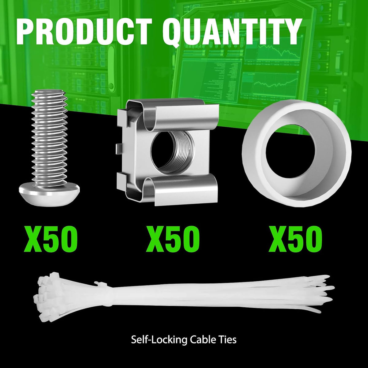 M6 x 16mm Rack Mount Cage Nuts, Screws and Washers - 50 Pack for Server Cabinets, Shelves, Routers - Self-Locking Cable Ties