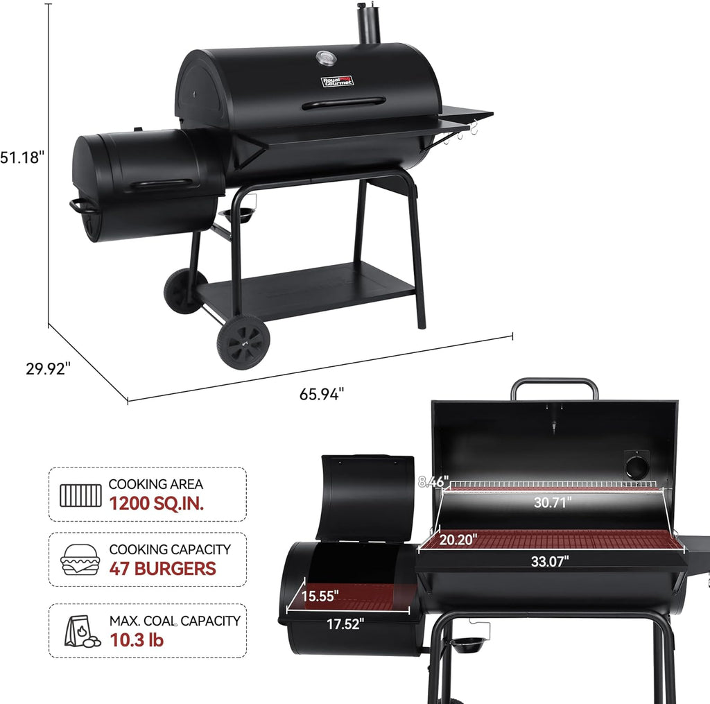 CC2036F Barrel Charcoal Grill with Offset Smoker, Outdoor BBQ Grill with 1200 Sq. In. Grilling Area for Large Event