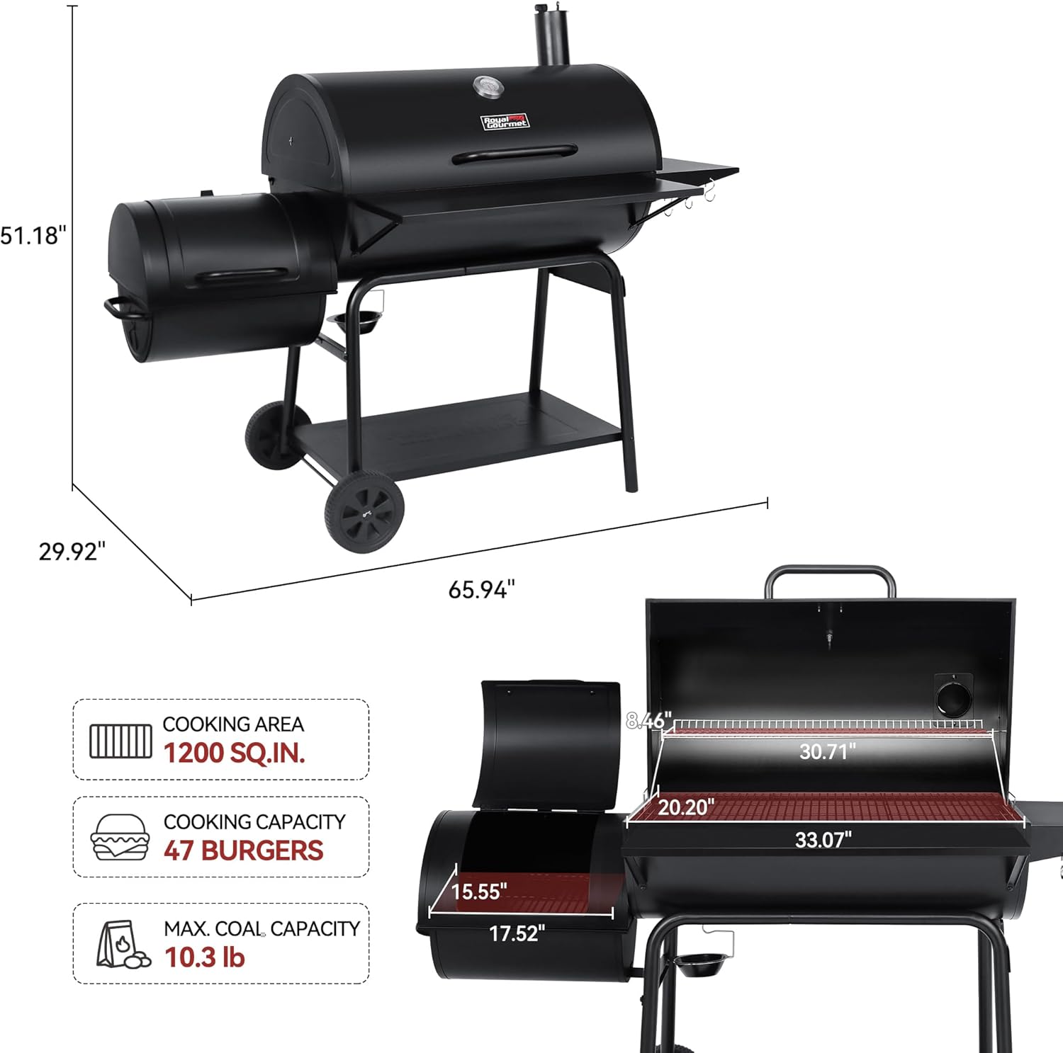 CC2036F Barrel Charcoal Grill with Offset Smoker, Outdoor BBQ Grill with 1200 Sq. In. Grilling Area for Large Event