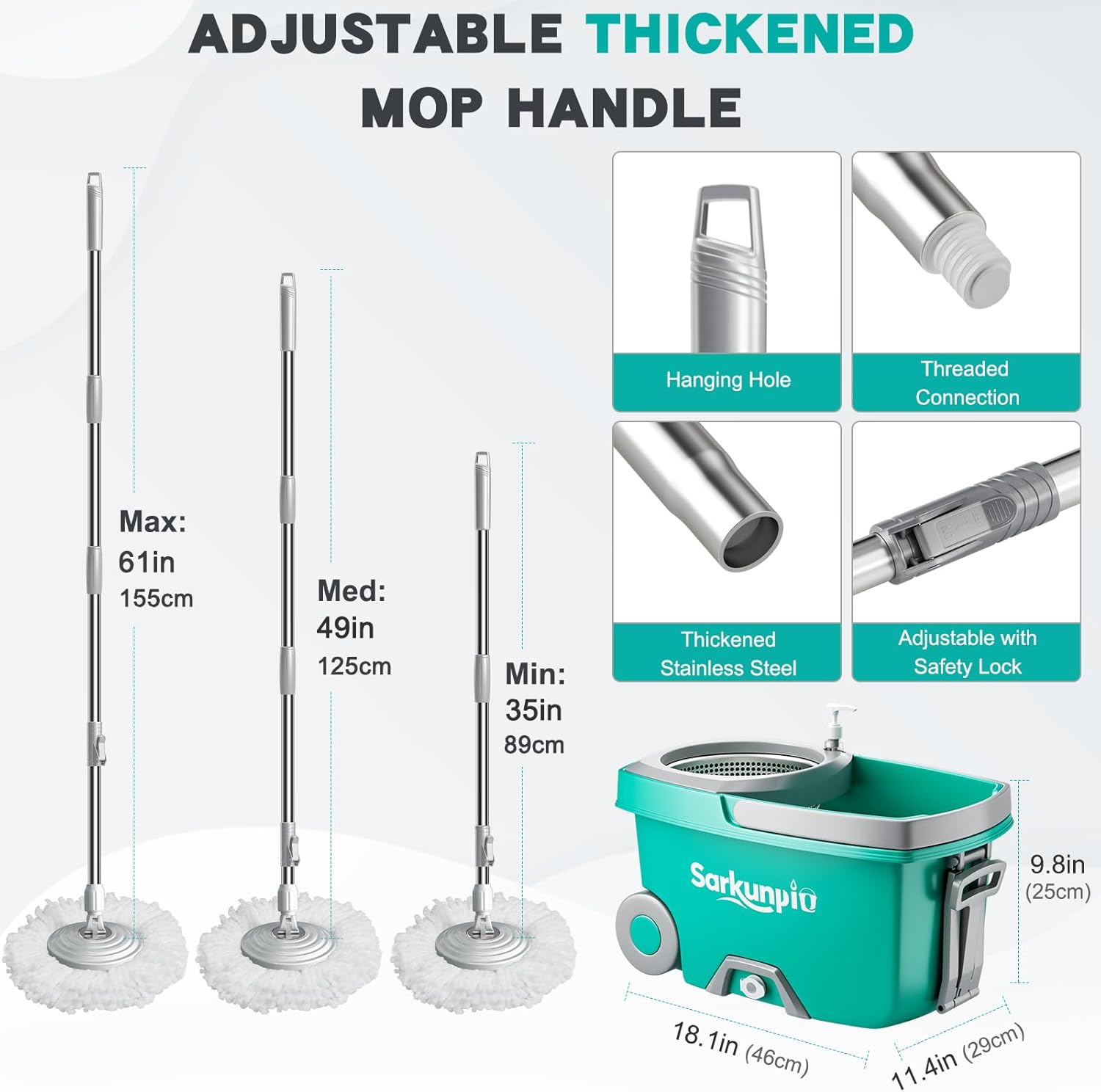Mop and Bucket Set with Wringer, Spin Mop Floor Cleaning System with 6 Replacement Microfiber Heads & 61" Extra-Long