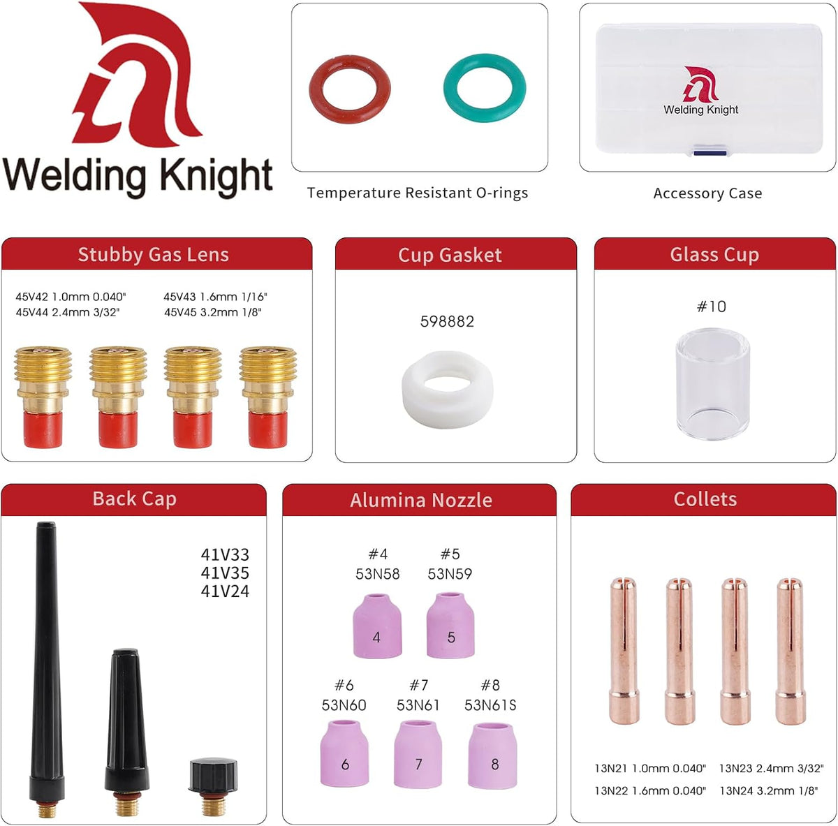 43Pcs TIG Welding Torch Stubby Gas Lens #10 Glass Cup Kit