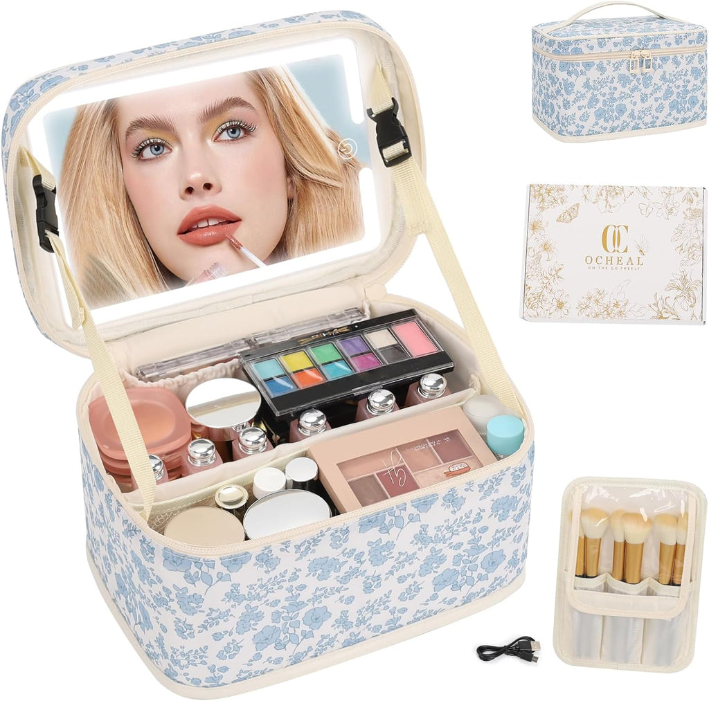 Makeup Bag With LED Mirror, Lightweight Travel Makeup Bag With 3 Color Setting Light Up Mirror Cosmetic Makeup