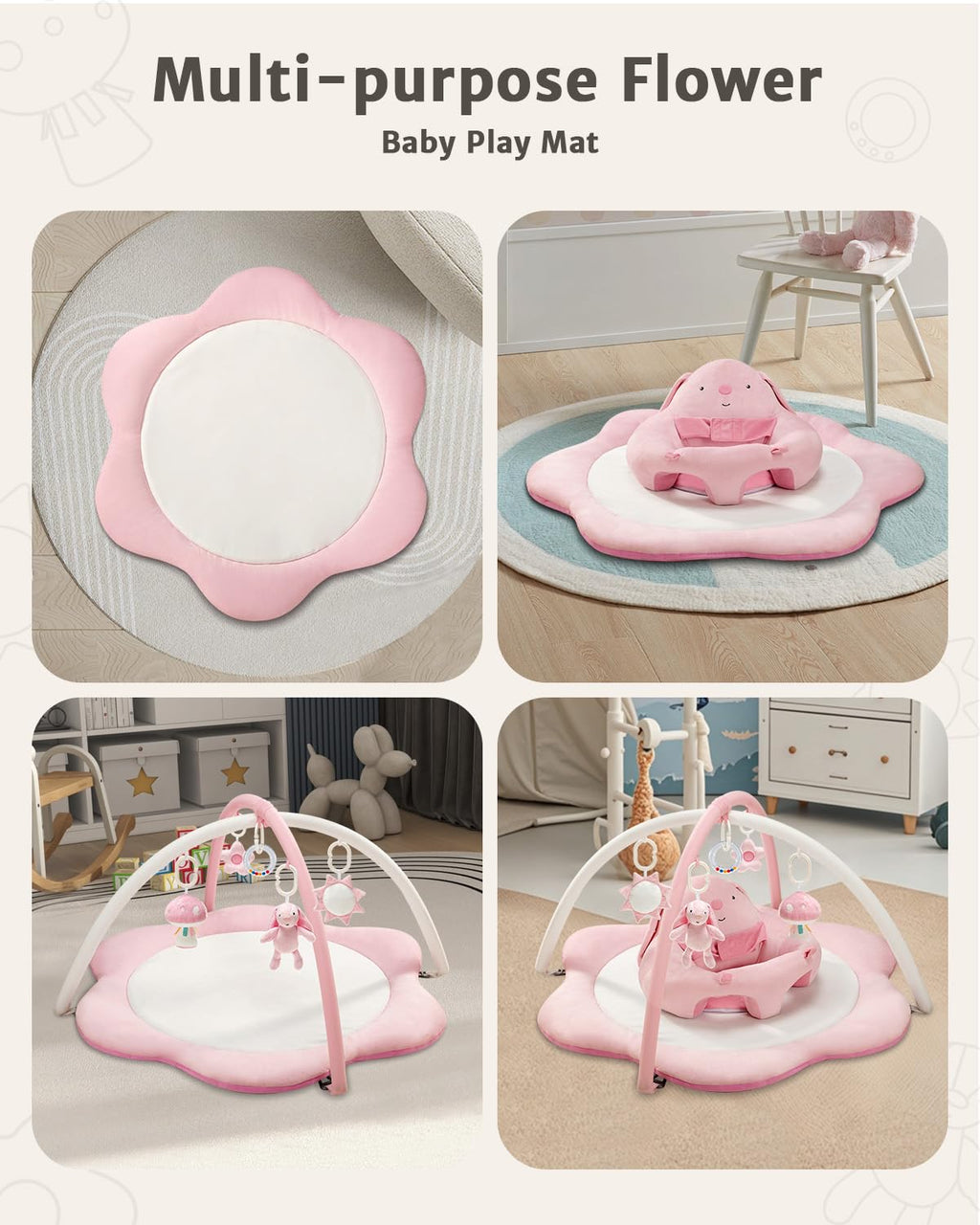 3-in-1 Baby Play Mat, Baby Seats for Infants for Sitting Up, Tummy Time Mat with 5 Detachable Toys, Activity Gym &