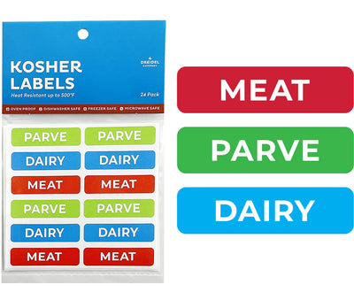 Kosher Sticker Labels, (24 Pack) 8 Blue Dairy, 8 Red Meat, 8 Green Parve Stickers, Ovenproof up to 500°, Freezable