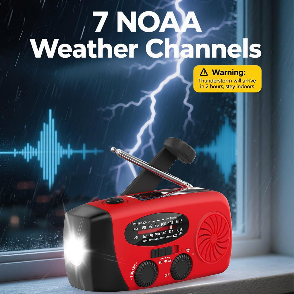 Solar Hand Crank NOAA Weather Radio, AM/FM, 2000mAh Charger, Light, SOS | 7400mWh Emergency USB phone charge, 3 LED