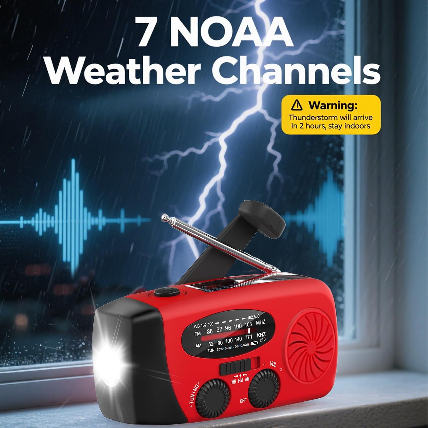 Solar Hand Crank NOAA Weather Radio, AM/FM, 2000mAh Charger, Light, SOS | 7400mWh Emergency USB phone charge, 3 LED