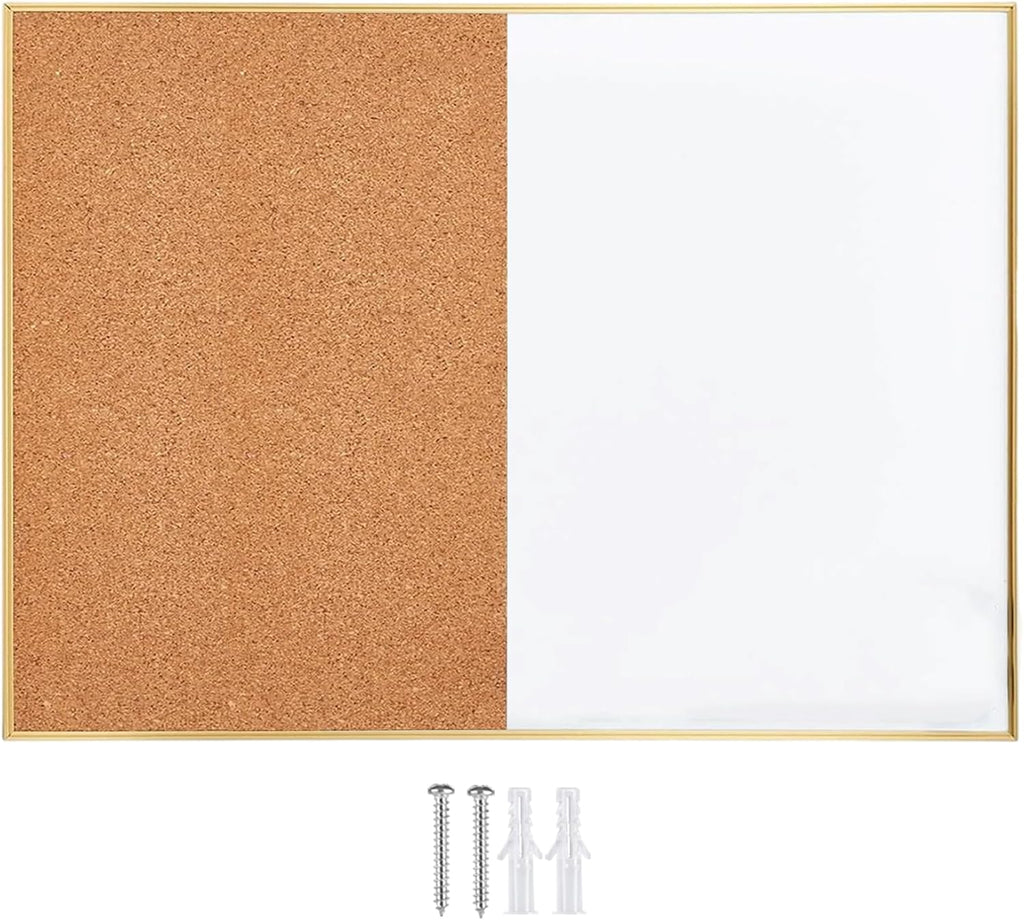 Cork Board White Board Combo, Small Size 10.6" x 14.6" Magnetic Dry Erase Board/Bulletin Combination Board, Gold