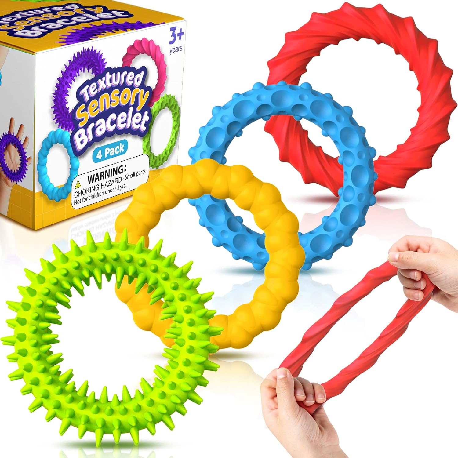 Sensory Toys Fidget Prizes for Kids Adults Autism 4 Pack Stretchy Bracelets | Textured Treasure Prizes Classroom
