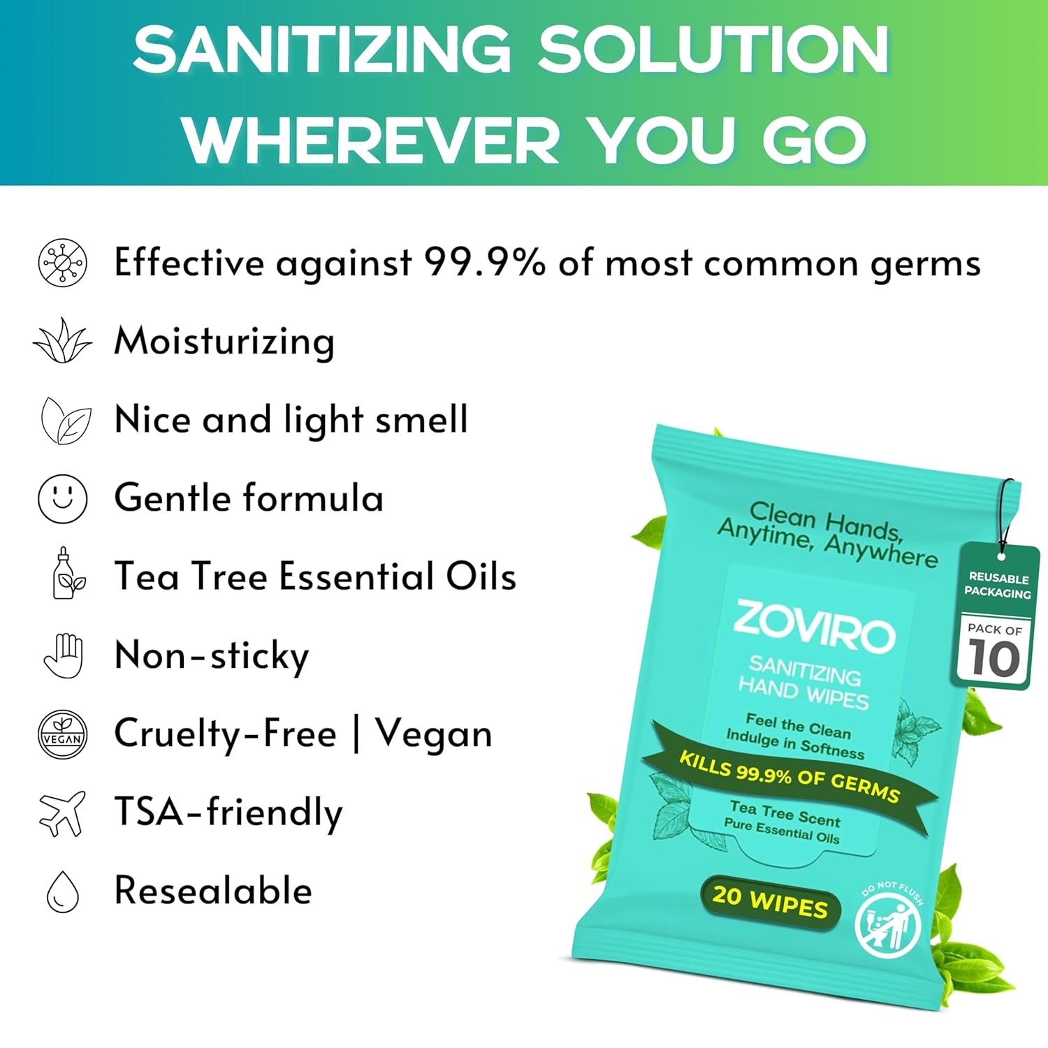 Hand Sanitizer Wipes, Moisturizing With Tea Tree Essential Oil, Ultra-Soft 100% Viscose, Hand Wipes Travel Size, Tea