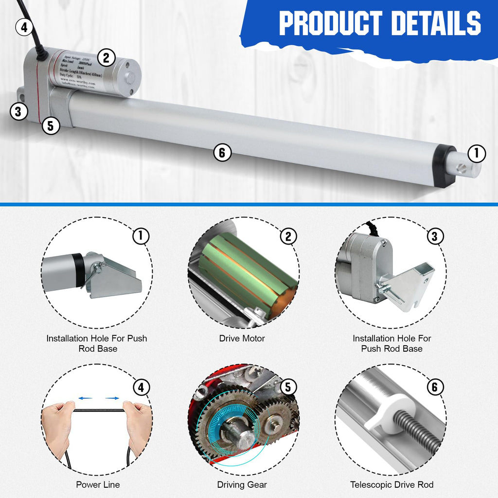 ECO-WORTHY Linear Actuator Heavy Duty 3000N/660lbs with Mounting Brackets Multi-Function (12V, 4"）
