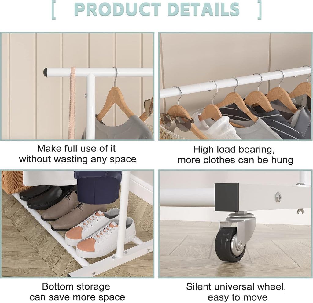 Double Rod Metal Clothing Garment Rack on Wheels, White | Rolling Clothes Organizer, for Hanging Clothes,Coats,Easy