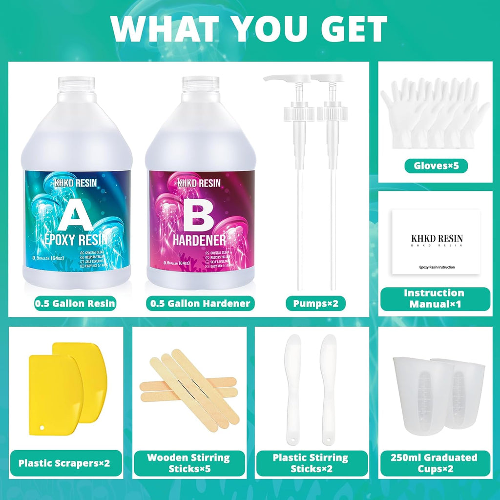 Epoxy Resin,KHKD RESIN 1 Gallon Epoxy Resin Kit-2 Part Crystal Clear Resin | Resina Epoxica, High Gloss Odorless,UV &