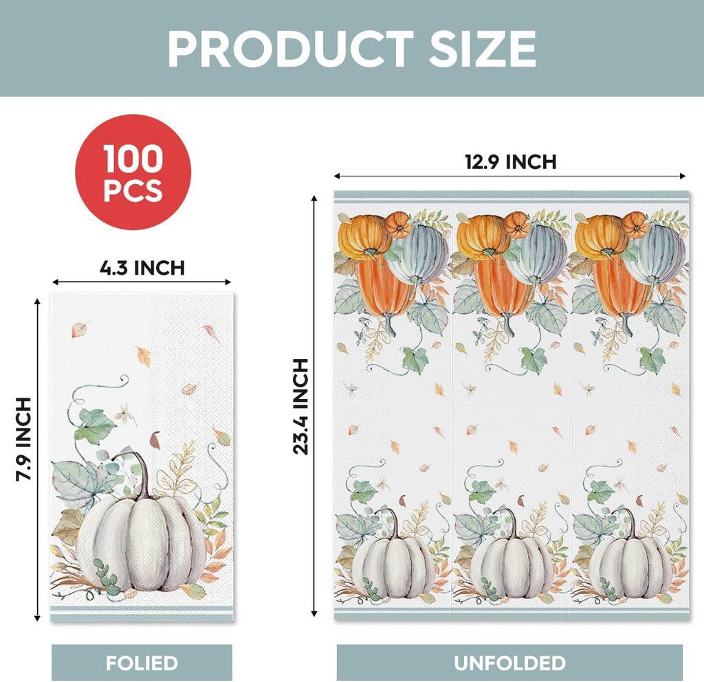 100Pcs Fall Paper Napkins, Leaf White Pumpkin