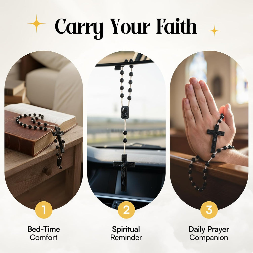 Catholic Rosary Beads for Prayer – White Plastic Rosary Necklace with Crucifix, Durable Nylon Cord, Made in Italy