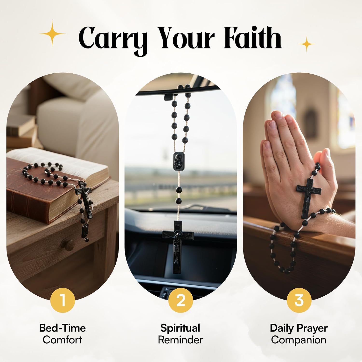 Catholic Rosary Beads for Prayer – White Plastic Rosary Necklace with Crucifix, Durable Nylon Cord, Made in Italy