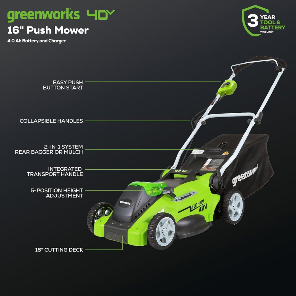 40V 16 in Push Lawn Mower, 4.0 Ah Battery and Charger
