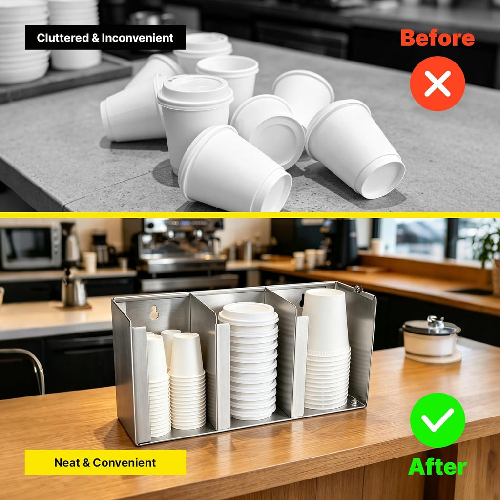 Stainless Steel Cup Dispenser, 3 Compartments Cup & Lid Holder