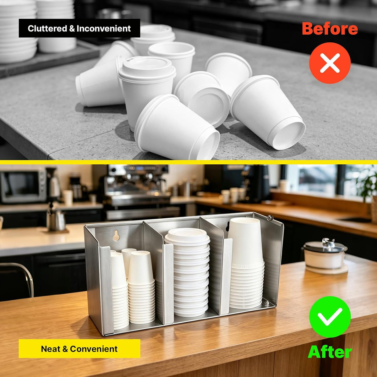 Stainless Steel Cup Dispenser, 3 Compartments Cup & Lid Holder