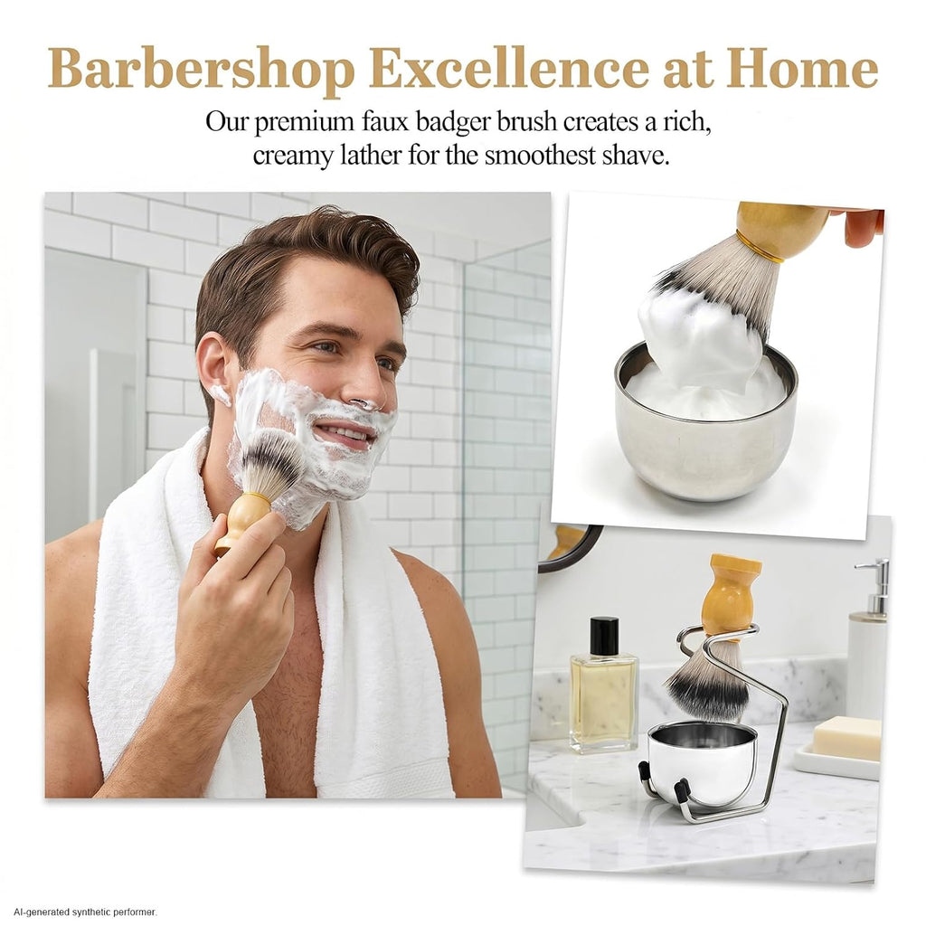 Shave Brush and Bowl, Premium Synthetic Badger Hair Shaving Brush Set with Stainless Steel Shaving Bowl, Exfoliating